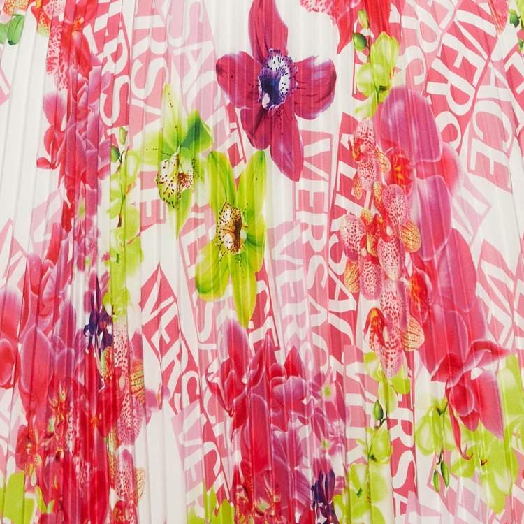 Pre Owned Versace Multicolor Floral Print Satin Pleated Asymmetric Midi Skirt L
