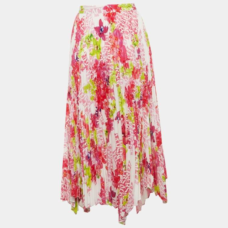 Pre Owned Versace Multicolor Floral Print Satin Pleated Asymmetric Midi Skirt L