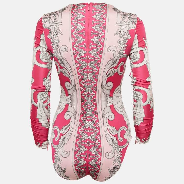 Pre Owned Versace Pink Baroque Print Jersey Keyhole Neck Bodysuit S