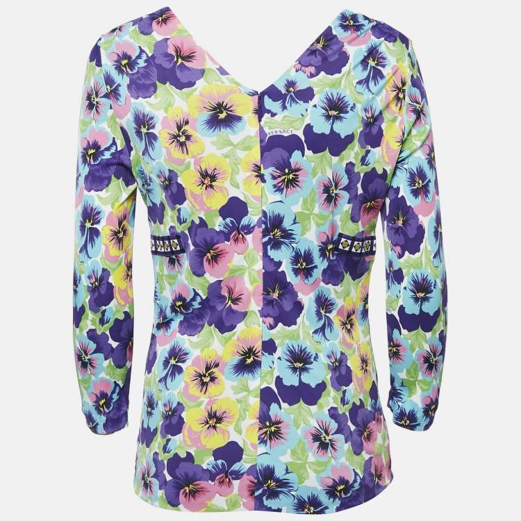Pre Owned Versace Multicolor Floral Jersey V-Neck Long Sleeve Top L