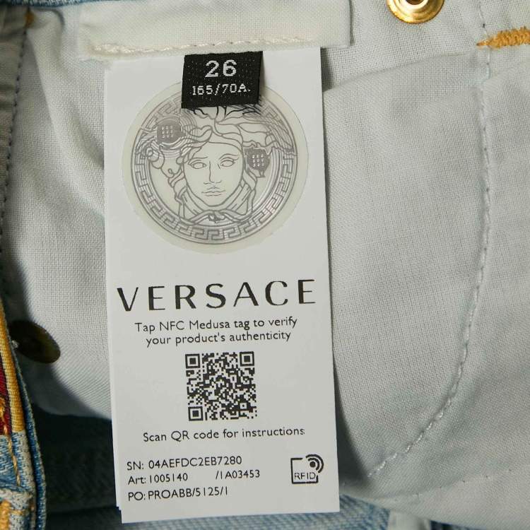 Pre Owned Versace Blue Denim Contrast Trimmed Low Waist Royal Rebellion Shorts S 