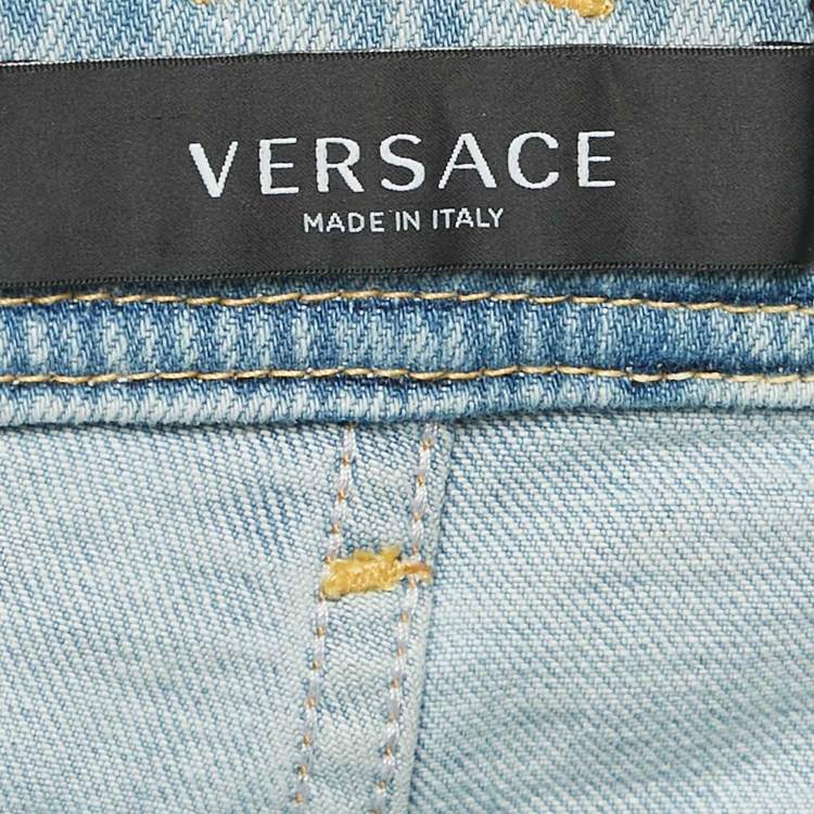 Pre Owned Versace Blue Denim Contrast Trimmed Low Waist Royal Rebellion Shorts S 