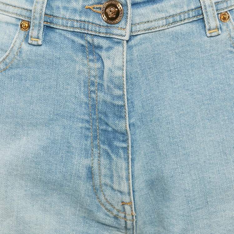 Pre Owned Versace Blue Denim Contrast Trimmed Low Waist Royal Rebellion Shorts S 