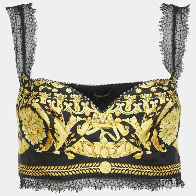 Pre Owned Versace Black/Yellow Baroque Print Silk and Lace Bralette Top M
