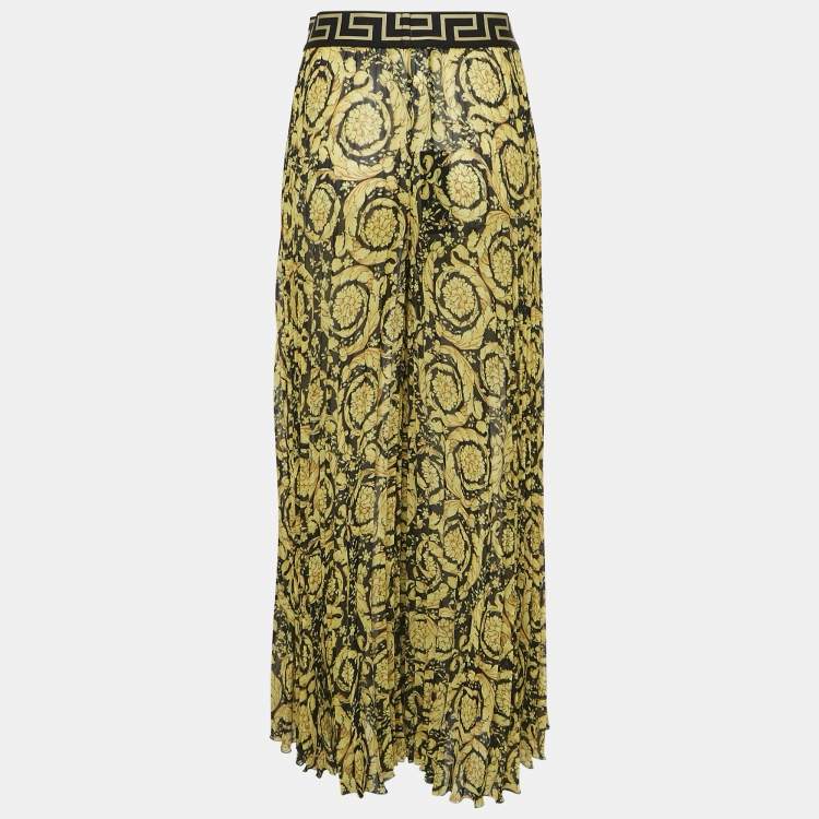 Pre Owned Versace Yellow Baroque Print Chiffon Pleated Wide Leg Pants M