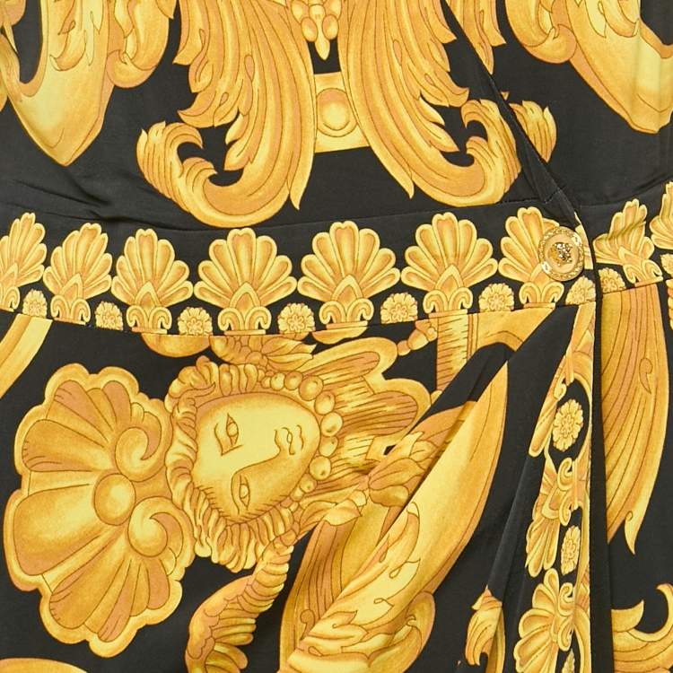 Pre Owned Versace Black Heritage Baroque Print Jersey Full Sleeve Midi Wrap Dress L