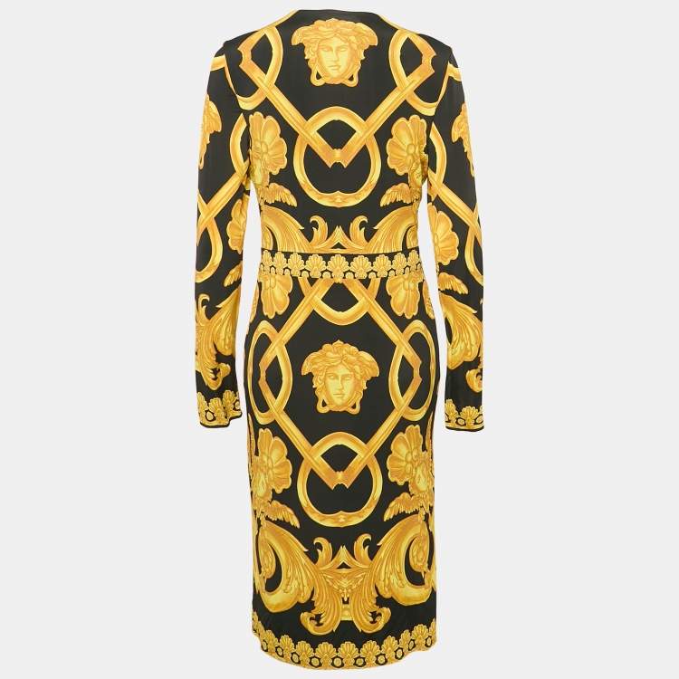 Pre Owned Versace Black Heritage Baroque Print Jersey Full Sleeve Midi Wrap Dress L
