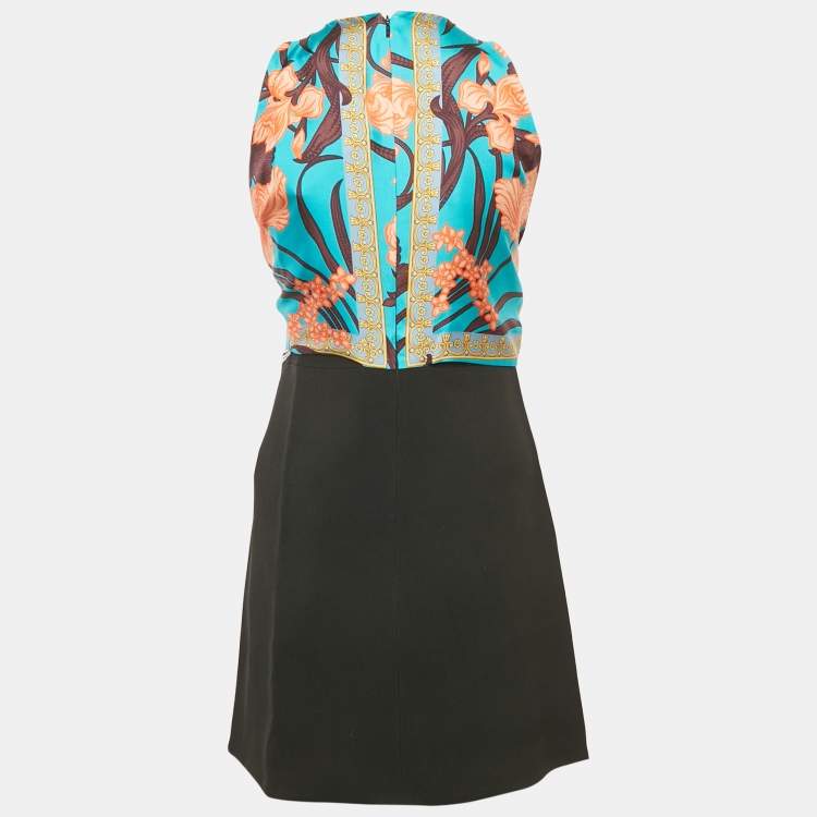 Pre Owned Versace Pink/Black Silk and Crepe Mixed Media Halter Neck Mini Dress S