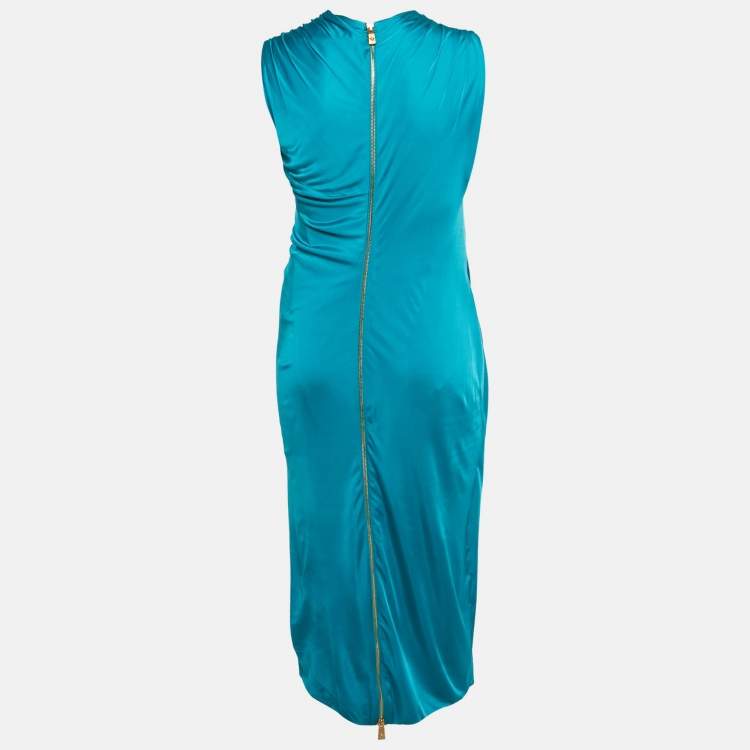 Pre Owned Versace Blue Jersey Ruched Bodycon L