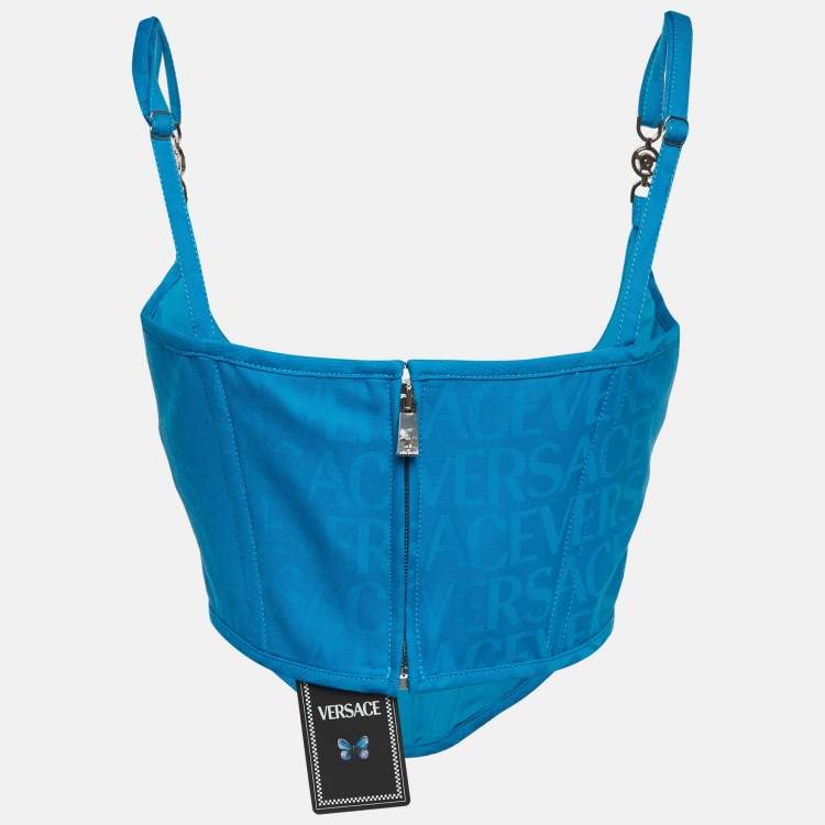 Pre Owned Versace Blue Logo Jacquard Medusa Corset Top M