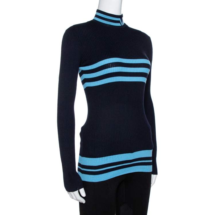 Pre Owned Versace Navy Blue Striped Wool Rib Knit Jumper S