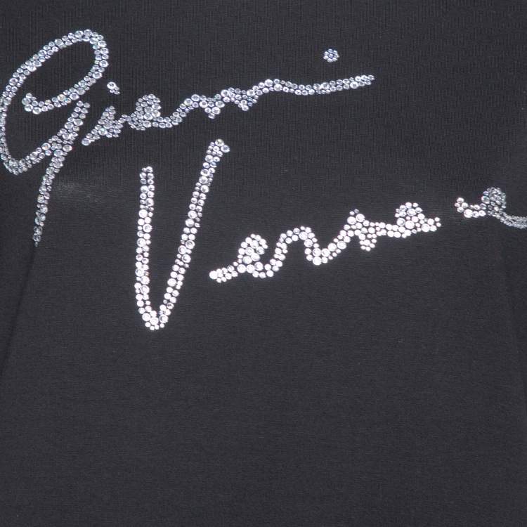 Pre Owned Versace Black Crystal GV Signature Embellished Cotton Crewneck T-Shirt M