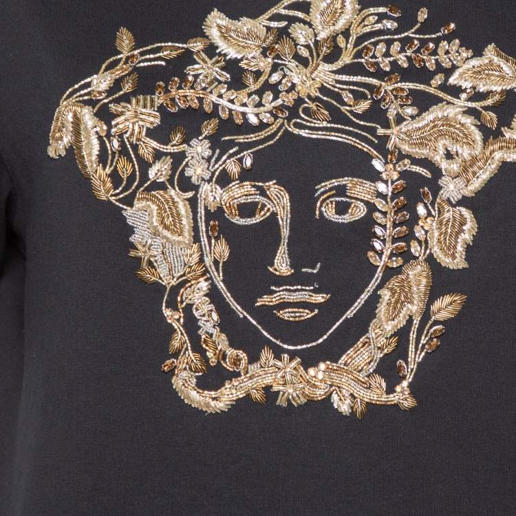 Pre Owned Versace Black Rhinestone Embellished Cotton Crewneck T-Shirt S