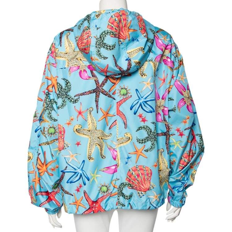 Pre Owned Versace Blue Starfish Printed Synthetic Zip Front Hooded Jacket L