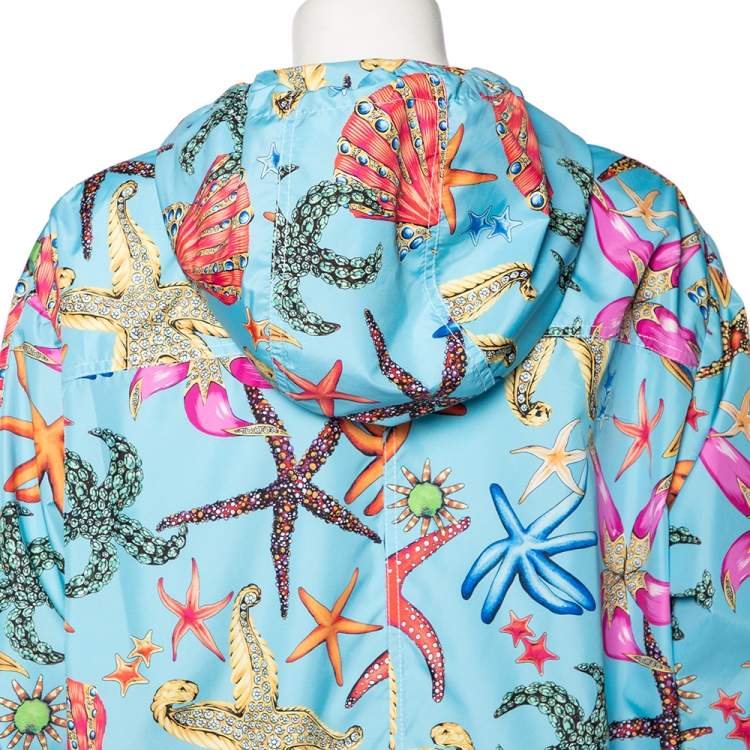 Pre Owned Versace Blue Starfish Printed Synthetic Zip Front Hooded Jacket L