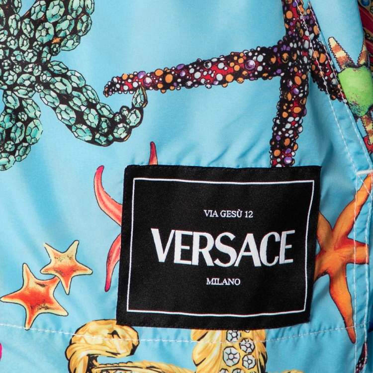 Pre Owned Versace Blue Starfish Printed Synthetic Zip Front Hooded Jacket L