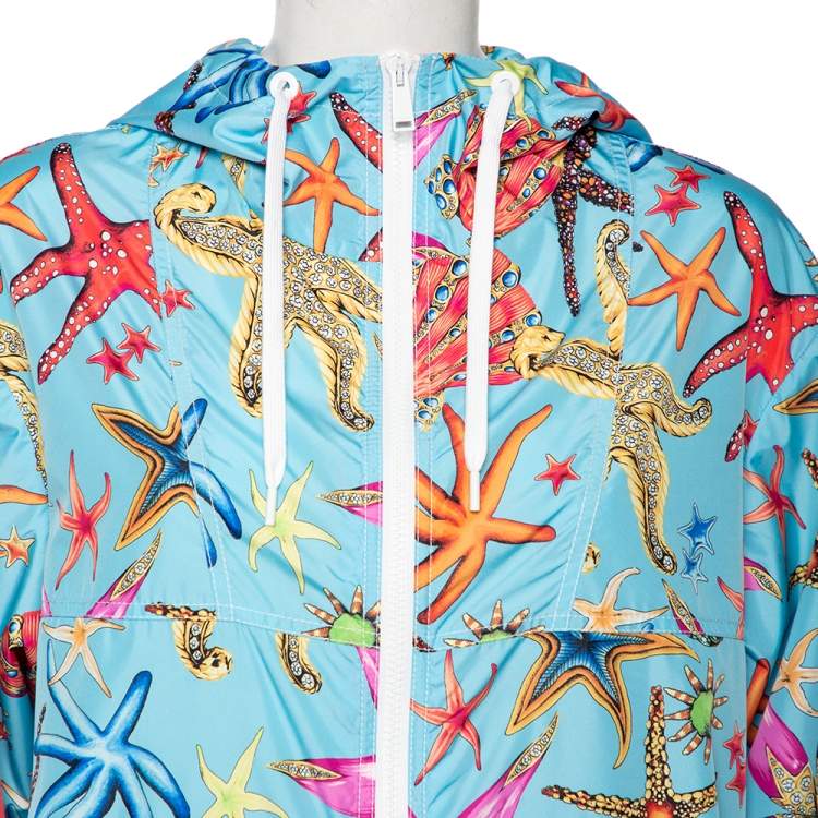 Pre Owned Versace Blue Starfish Printed Synthetic Zip Front Hooded Jacket L