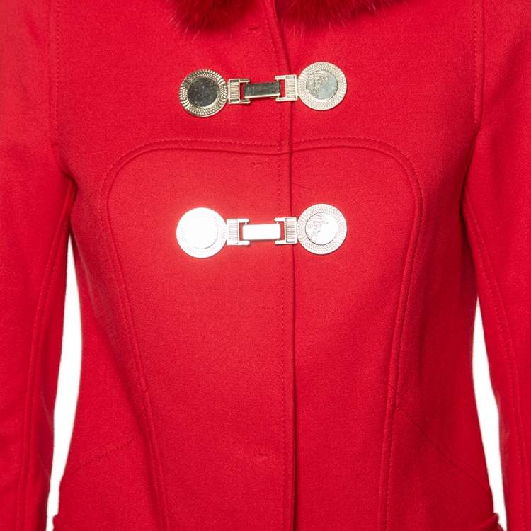 Pre Owned Versace Red Wool And Fur Trimmed Hooded Mid Length Coat S