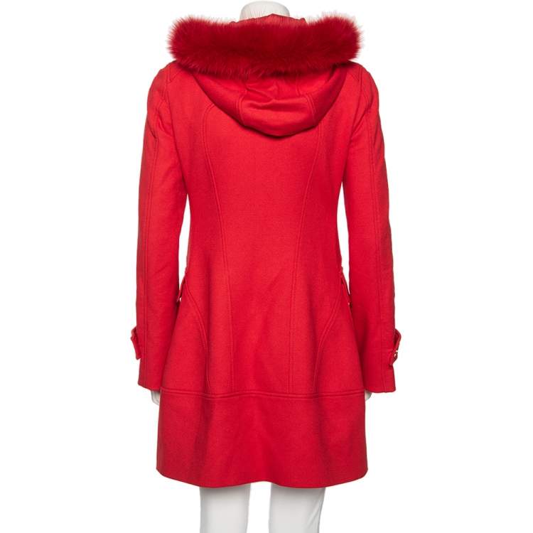 Pre Owned Versace Red Wool And Fur Trimmed Hooded Mid Length Coat S
