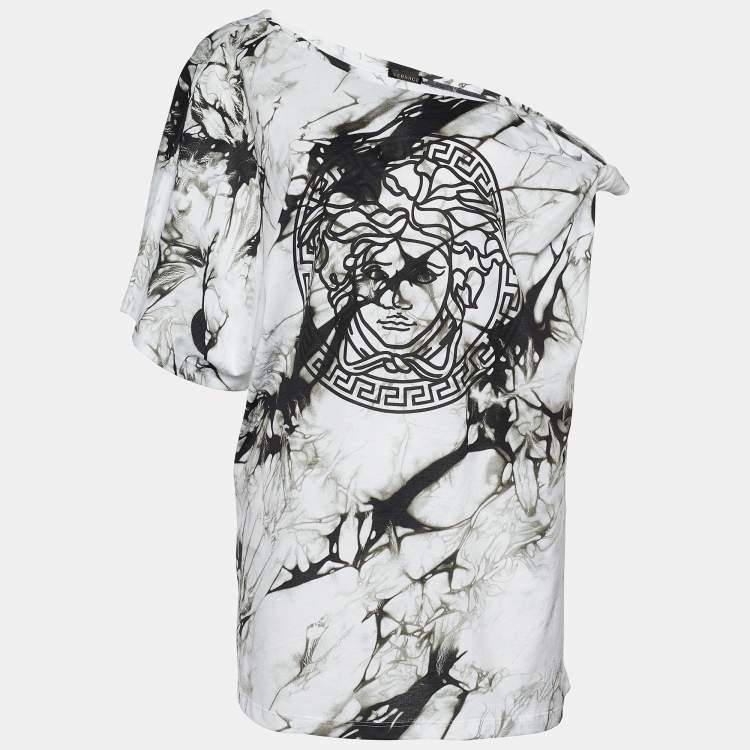 Pre Owned Versace Monochrome Tie-Dye Print Jersey Asymmetric T-Shirt L