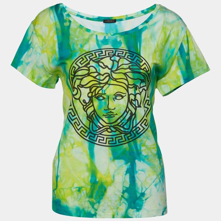 Pre Owned Versace Green Jersey Tie-Dye Medusa Print T-Shirt M