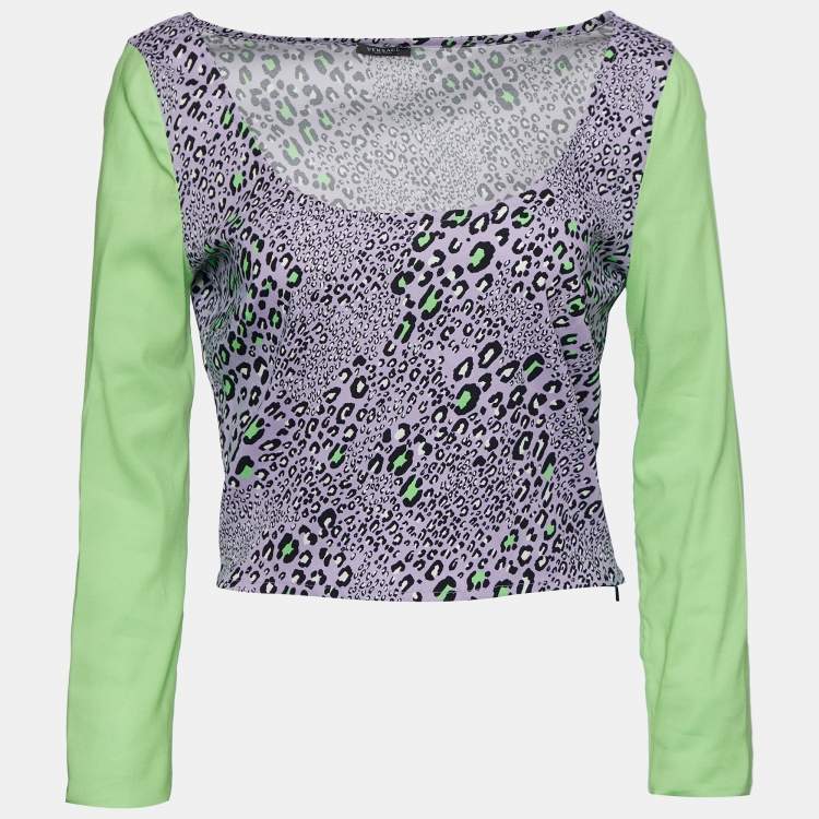 Pre Owned Versace Purple Leopard Print Crepe Crop Top S