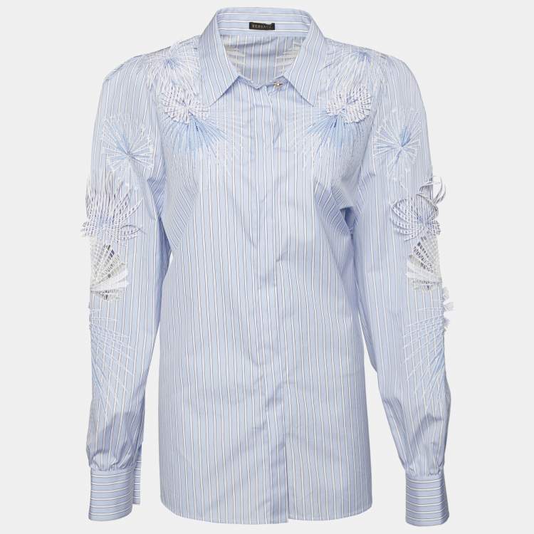 Pre Owned Versace Blue Striped Cotton Floral Applique Button Front Shirt M