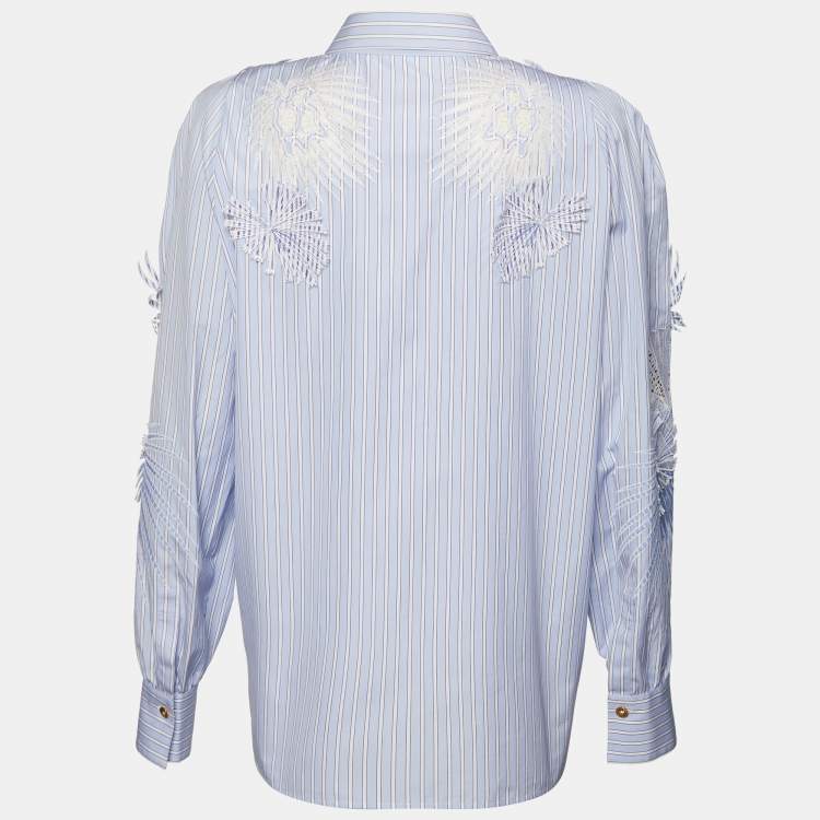Pre Owned Versace Blue Striped Cotton Floral Applique Button Front Shirt M
