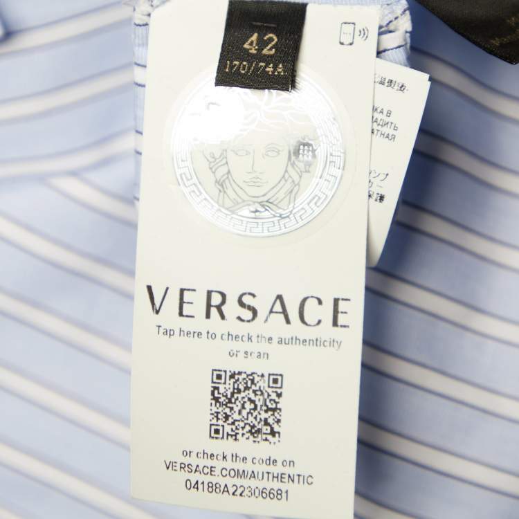 Pre Owned Versace Blue Striped Cotton Floral Applique Button Front Shirt M