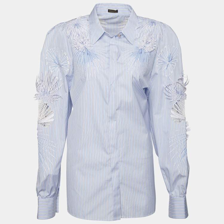 Pre Owned Versace Blue Striped Cotton Floral Applique Button Front Shirt L