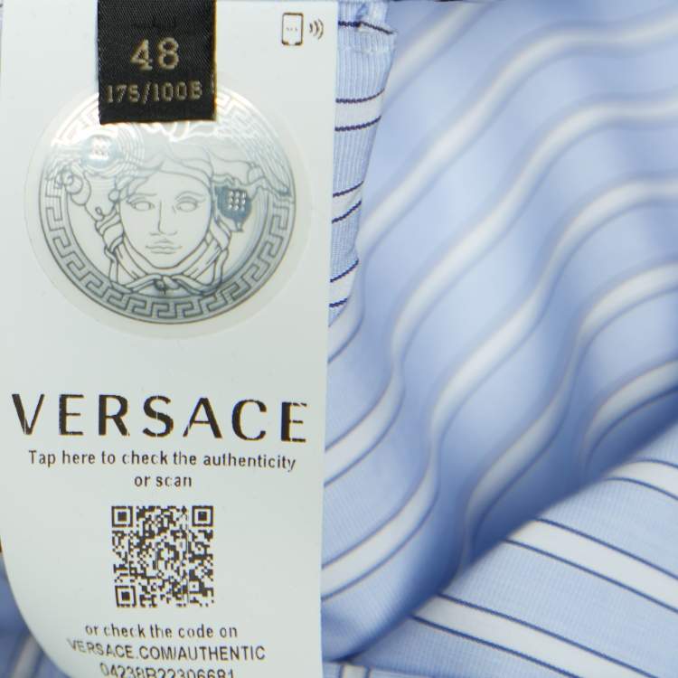 Pre Owned Versace Blue Striped Cotton Floral Applique Button Front Shirt L