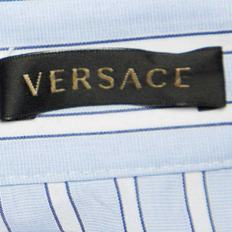 Pre Owned Versace Blue Striped Cotton Floral Applique Button Front Shirt L