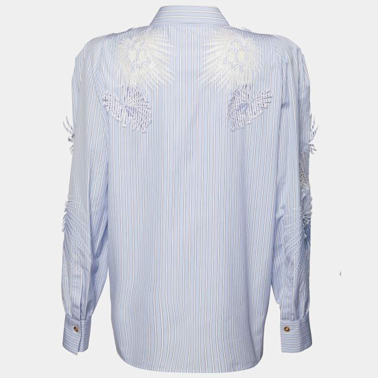 Pre Owned Versace Blue Striped Cotton Floral Applique Button Front Shirt L