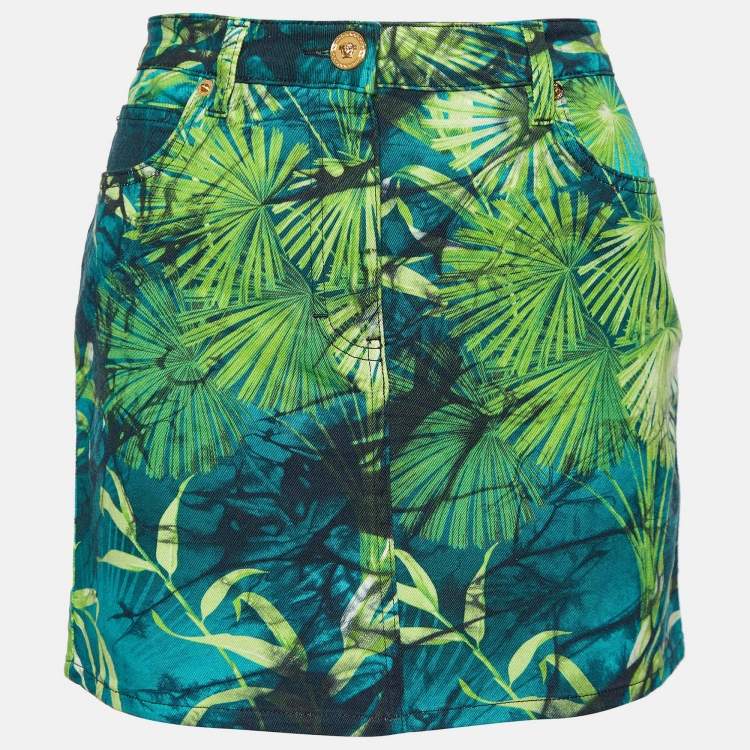 Pre Owned  Versace Green Jungle Print Denim Mini Skirt L