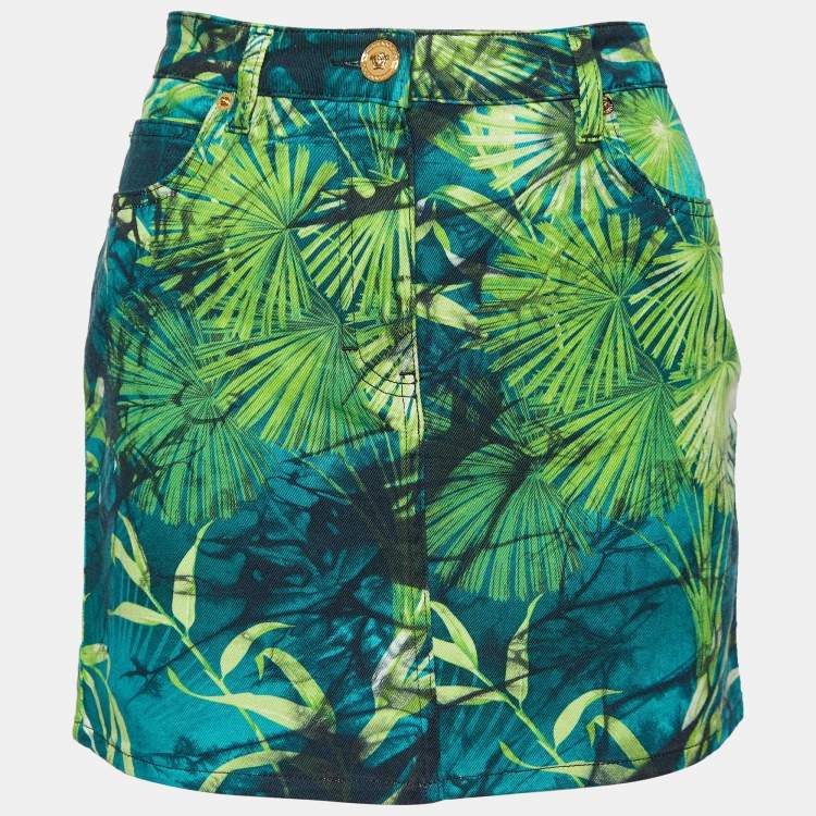 Pre Owned Versace Green Jungle Print Denim Mini Skirt S
