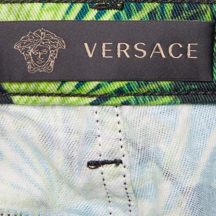 Pre Owned Versace Green Jungle Print Denim Mini Skirt M
