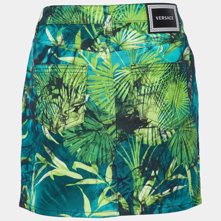 Pre Owned Versace Green Jungle Print Denim Mini Skirt M