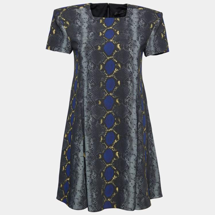 Pre Owned Versace Grey Snake Print Crepe Flared Mini Dress L