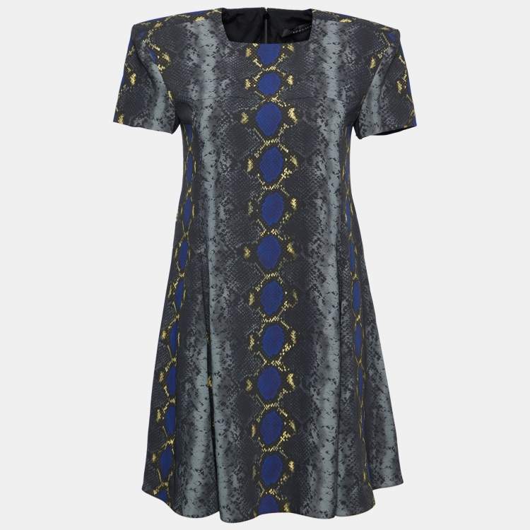 Pre Owned Versace Grey Snake Print Crepe Flared Mini Dress M
