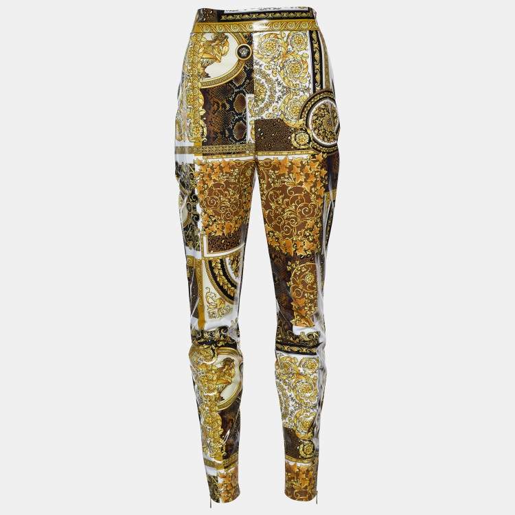 Pre Owned Versace Gold Barocco & Leopard Print Coated Knit Leggings S