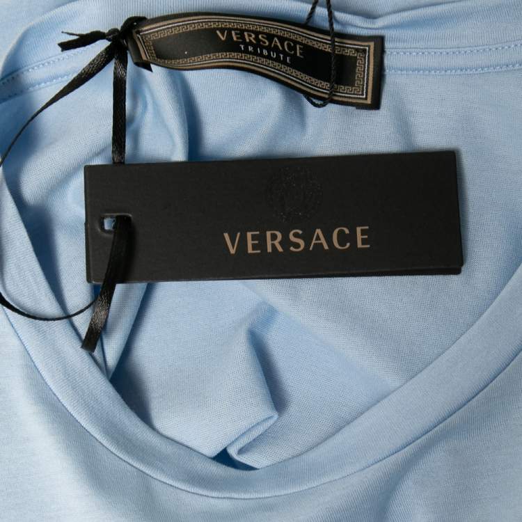 Pre Owned Versace Light Blue Cotton Logo Embroidered Tribute T-Shirt M