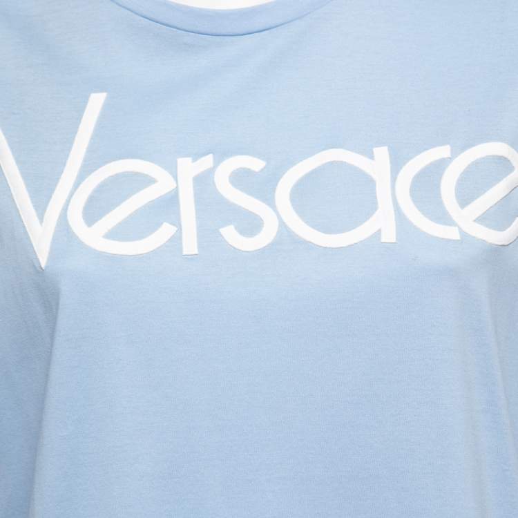 Pre Owned Versace Light Blue Cotton Logo Embroidered Tribute T-Shirt M