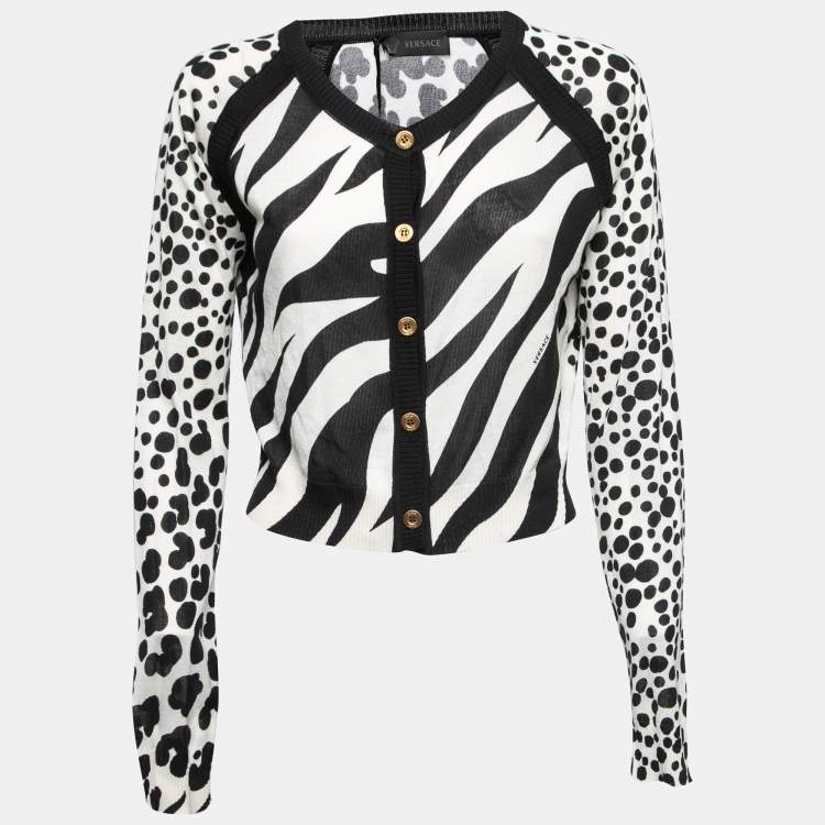 Pre Owned Versace Monochrome Striped & Circle Print Cropped Cardigan L