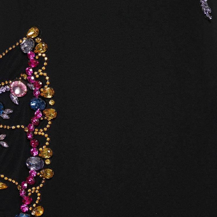 Pre Owned Versace Black Silk Crepe Crystal Embellished Strap Gown M