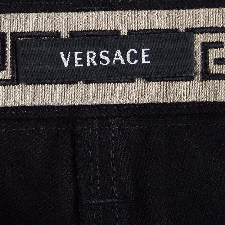 Pre Owned Versace Black Denim Contrast Panel Detail Straight Fit Jeans L