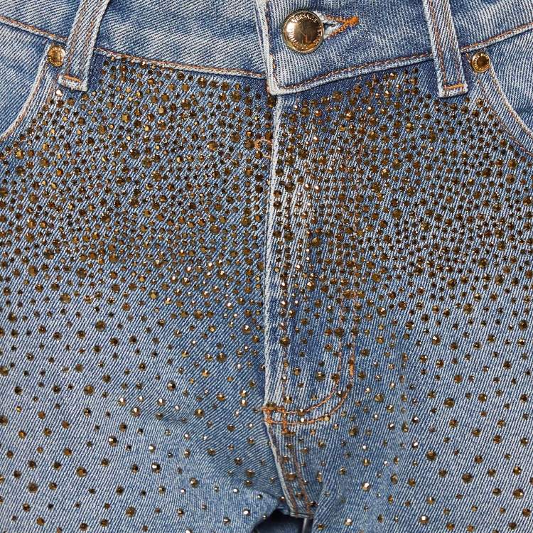 Pre Owned Versace Jeans Couture Blue Rhinestone Embellished Denim Skinny Jeans L