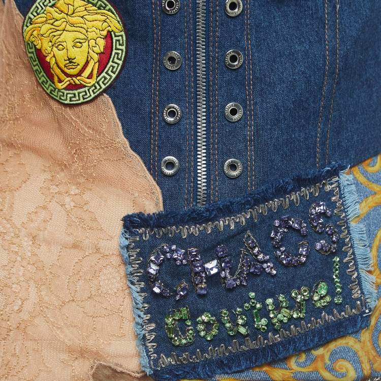 Pre Owned Versace Vintage Blue Applique Denim and Nylon Asymmetric Corset Dress M