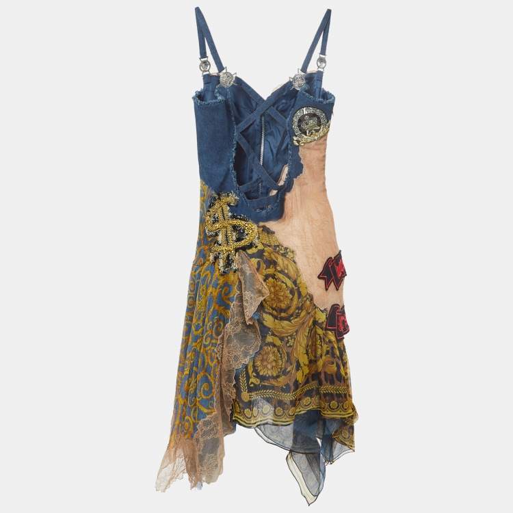 Pre Owned Versace Vintage Blue Applique Denim and Nylon Asymmetric Corset Dress M