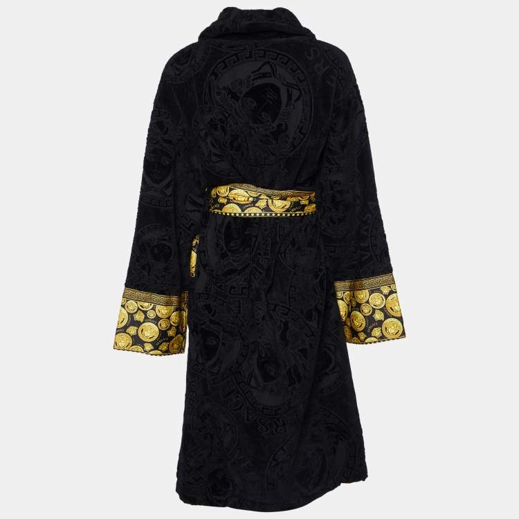 Pre Owned Versace Home Black Logo Terry Cotton Baroque Tie-Waist Bathrobe L