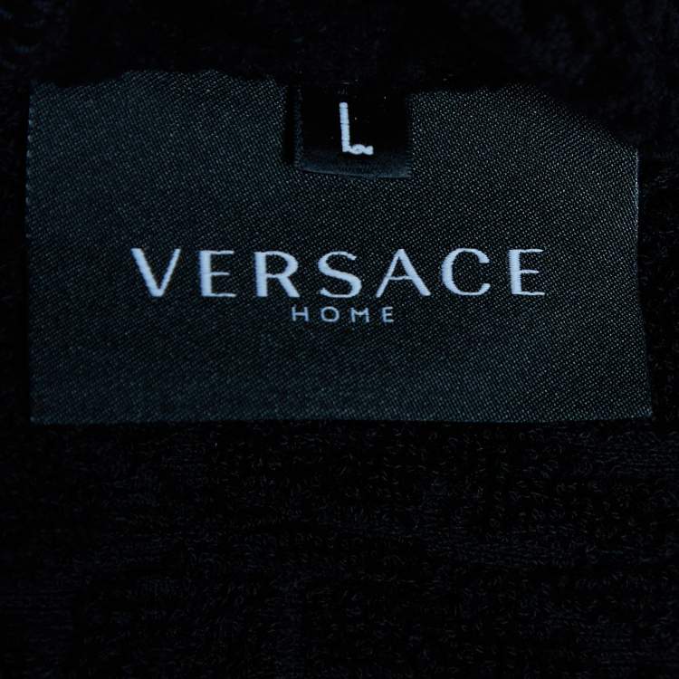 Pre Owned Versace Home Black Logo Terry Cotton Baroque Tie-Waist Bathrobe L